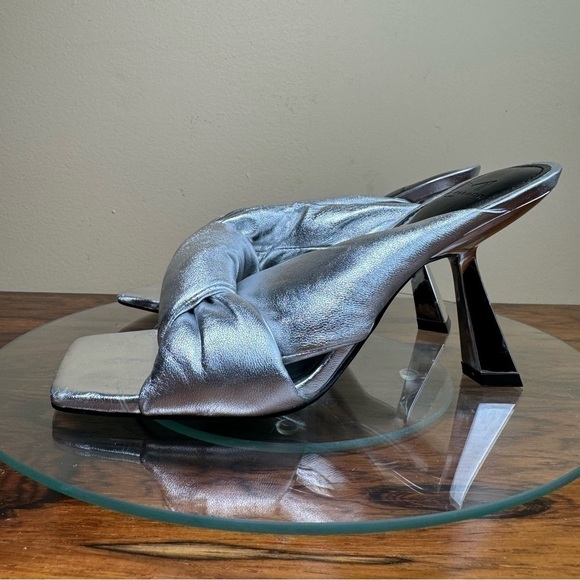 MARC FISHER Silver Knot Dellian Square Toe Slip On Leather Heeled Sandal - Picture 4 of 15